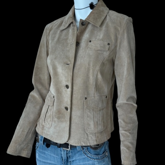 Authentic Y2K Style & Co Petite Genuine Suede Jacket Taupe Beige L - Picture 3 of 7